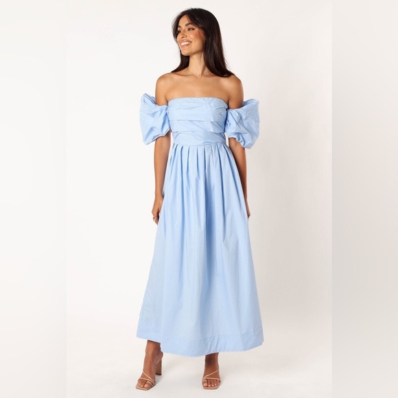NEW PETAL & PUP SOLANA OFF SHOULDER MIDI DRESS - BLUE SIZE 2 B1027 - Picture 1 of 8